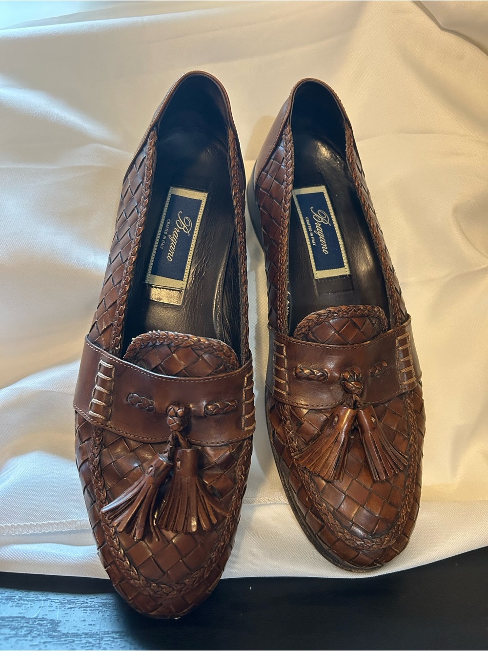 Bragano Brown Woven Leather Tassel Loafers